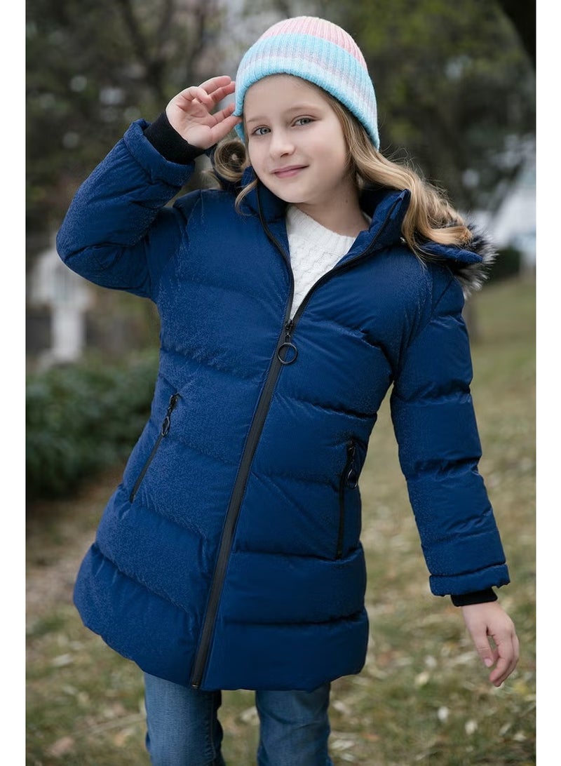 Lela Collar Faux Fur Plush Lined Removable Hooded Slim Cut Winter Coat Girls' COAT 5760002 - Image 1